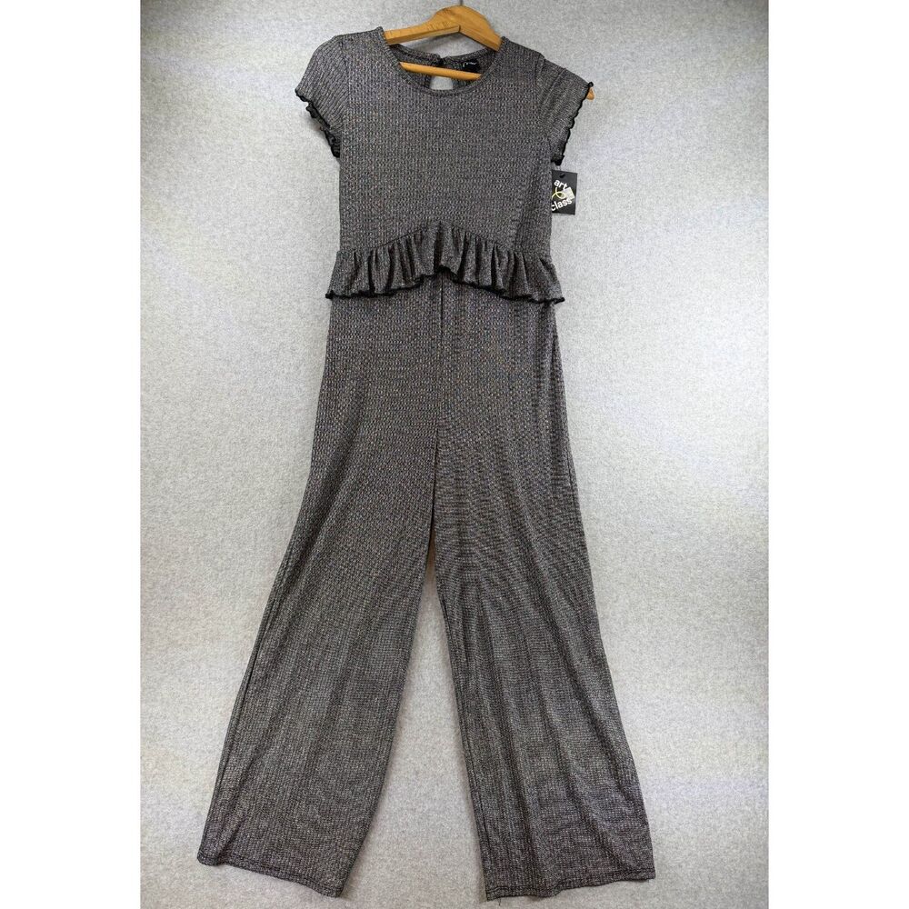 Art Class Women’s Large Gray Metallic Ruffle Wide Leg Jumpsuit NWT 3406